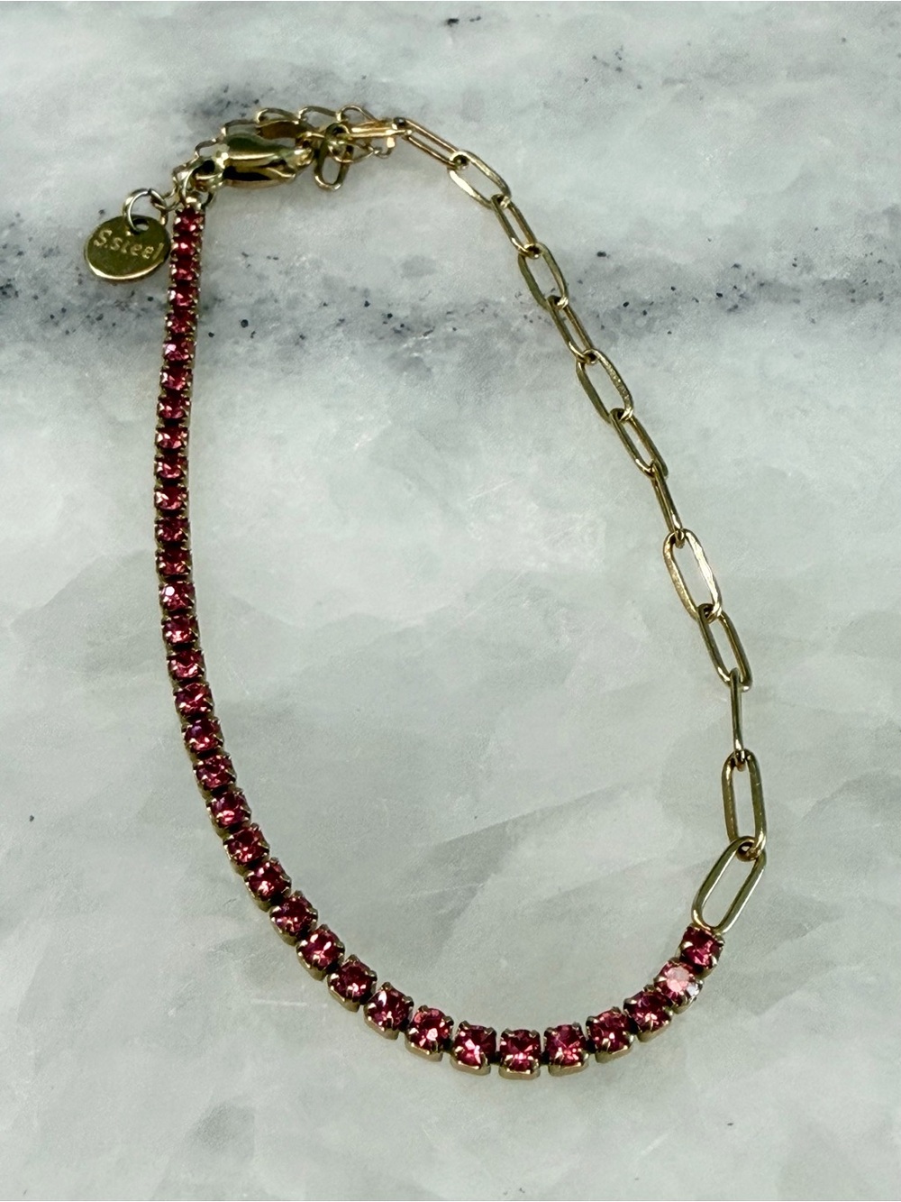 Gold Stainless Steel Pink Crystal Tennis Bracelet
